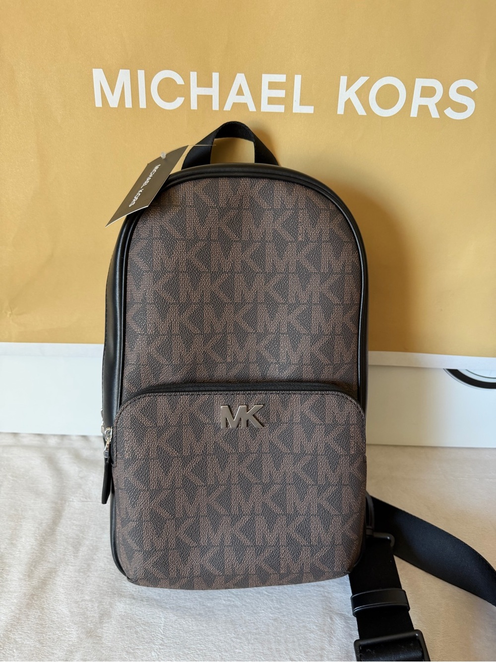 New Michael Kors Brown /Black MK Logo Everett Backpack Sling Bag